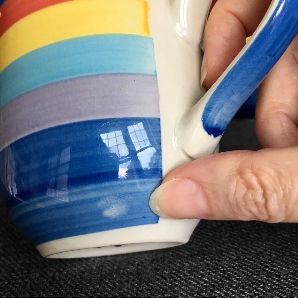 Set/2 Rainbow Striped Ceramic Coffee Mugs, 14 oz